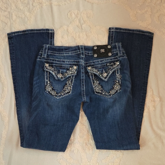 Miss Me Bootcut Jeans Thick White Stitch Bling Pockets Rhinestone Mid Rise - Picture 2 of 6